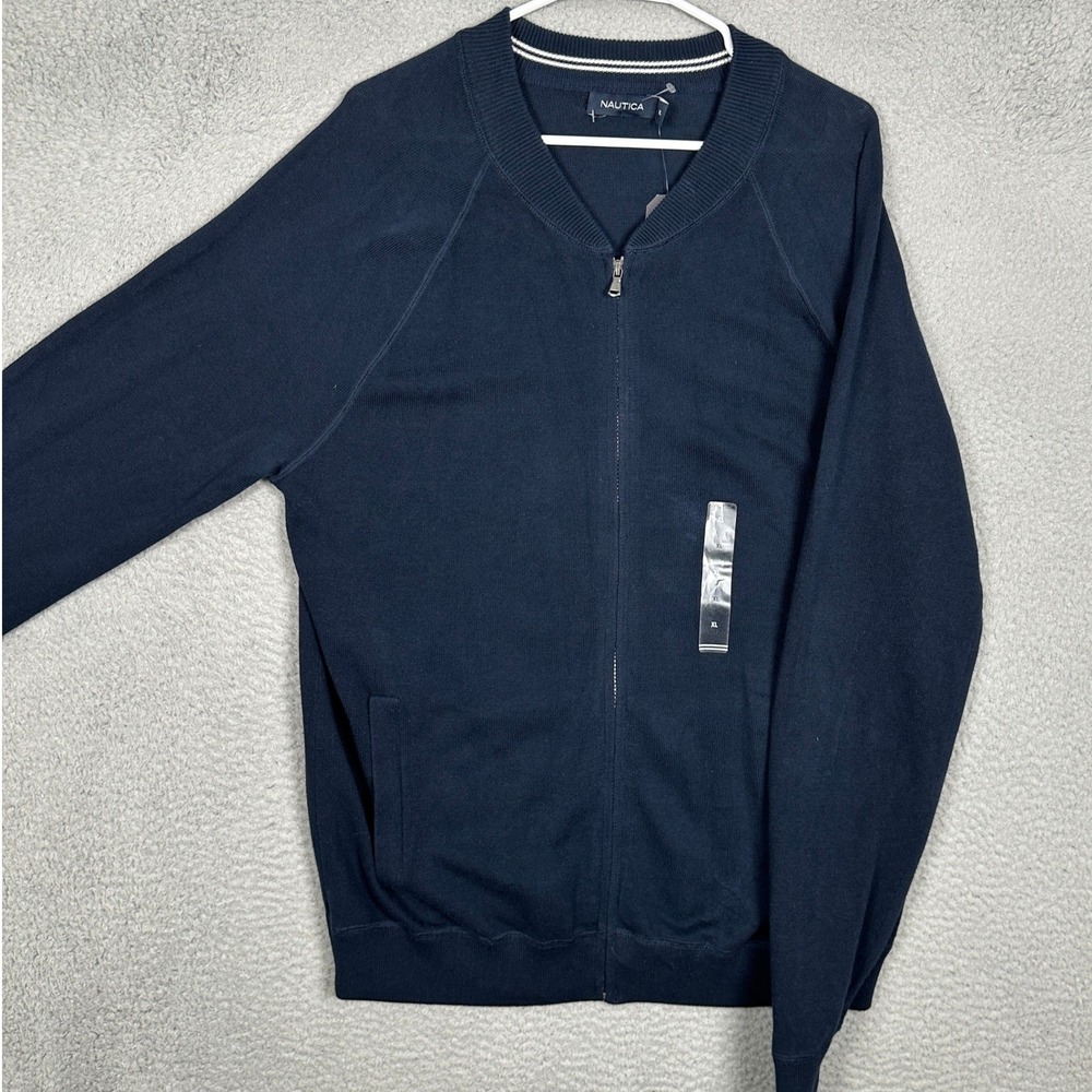 NEW Nautica Cardigan Mens XL Navy Blue Full Zip Bomber Sweater Pima Cotton Blend